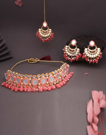 Pink Gold Choker Necklace Set With Dangle Earring