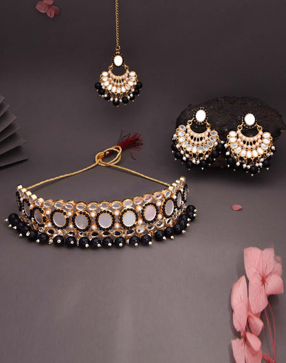 Black Gold Choker Necklace Set With Dangle Earring