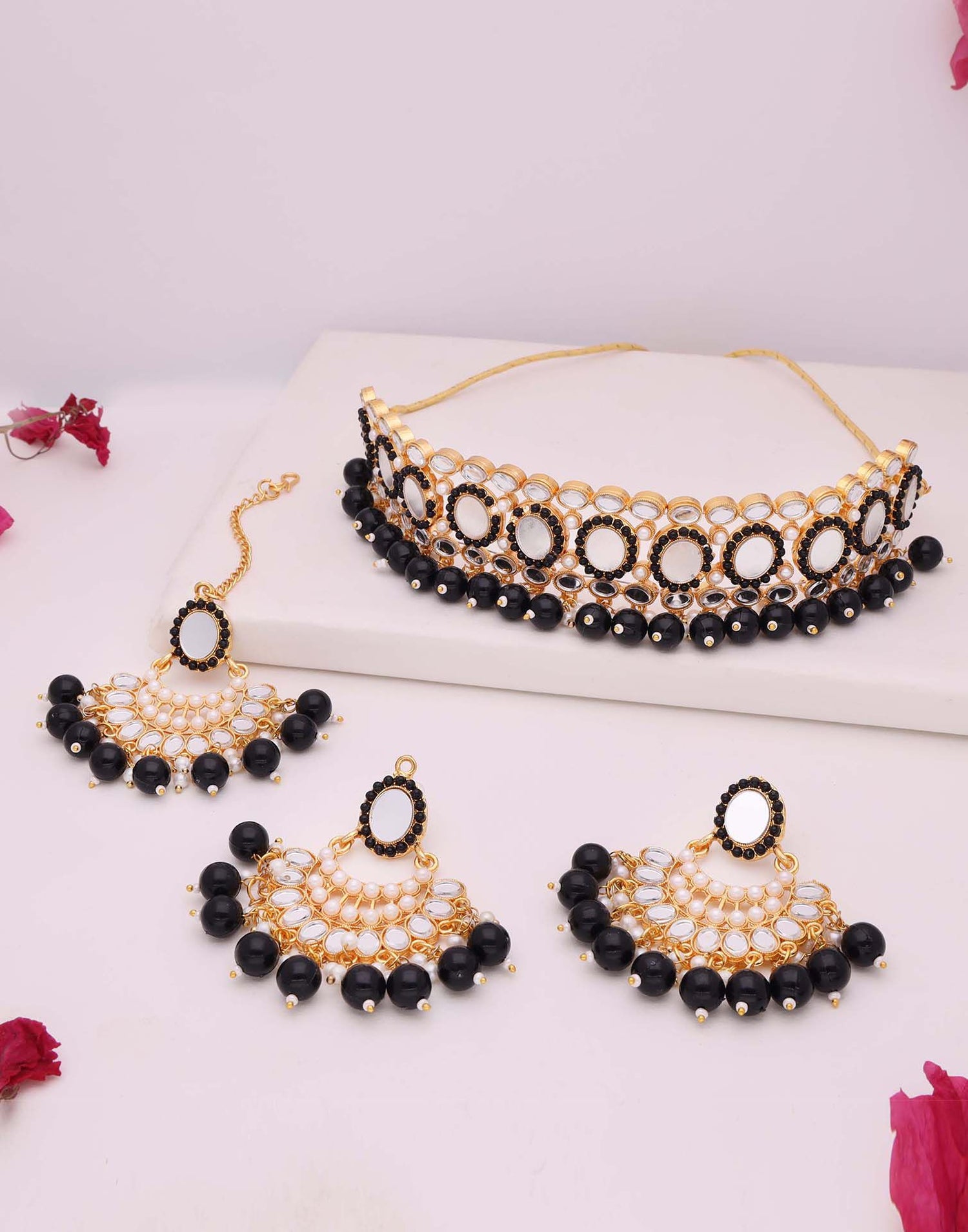 Black Gold Choker Necklace Set With Dangle Earring