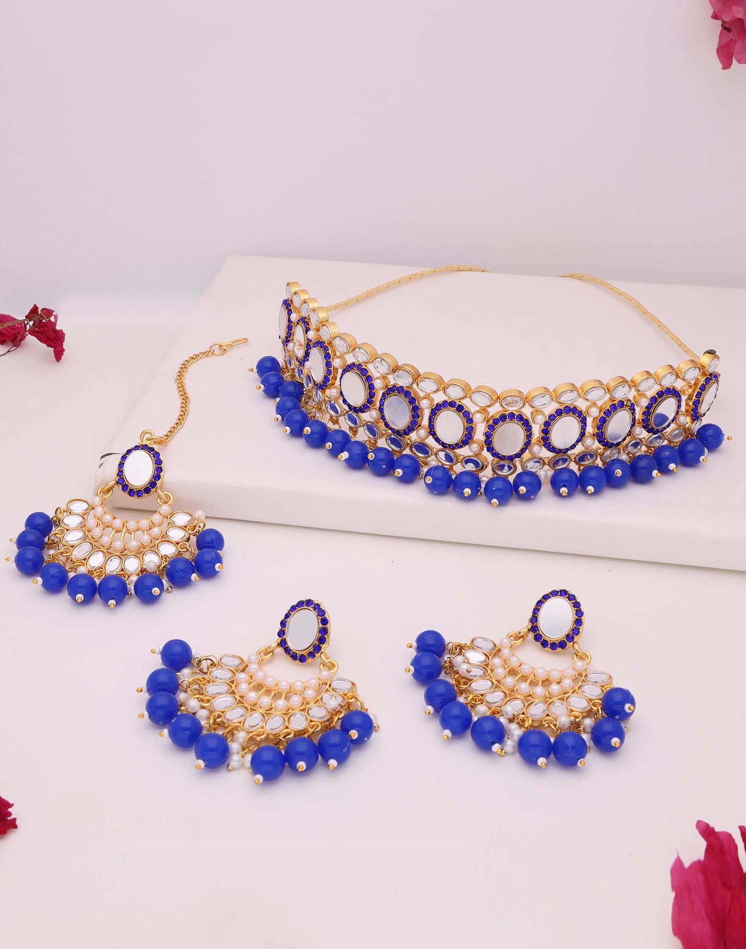 Blue Gold Choker Necklace Set With Dangle Earring