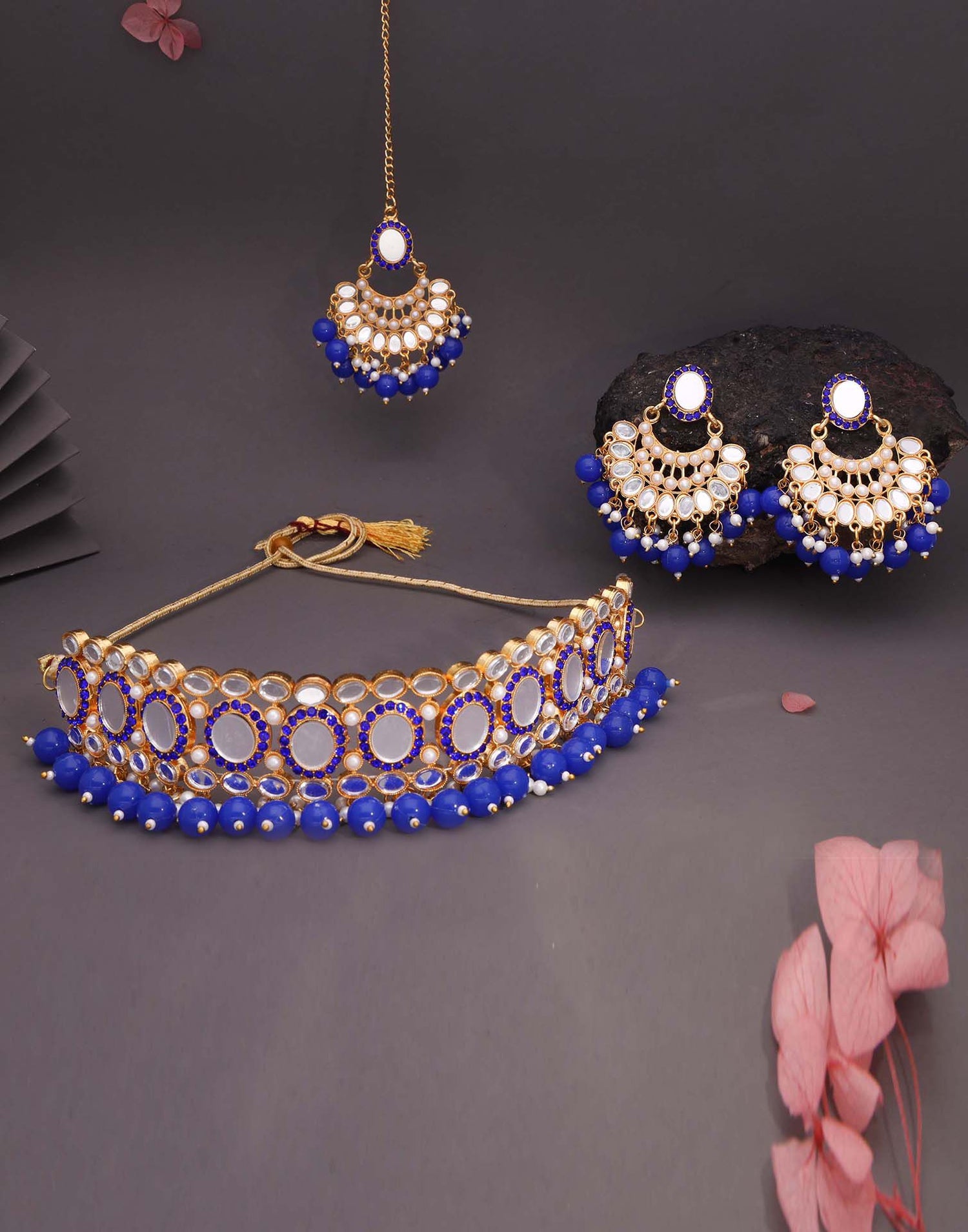 Blue Gold Choker Necklace Set With Dangle Earring