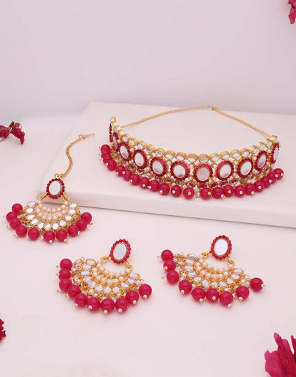 Pink Gold Choker Necklace Set With Dangle Earring