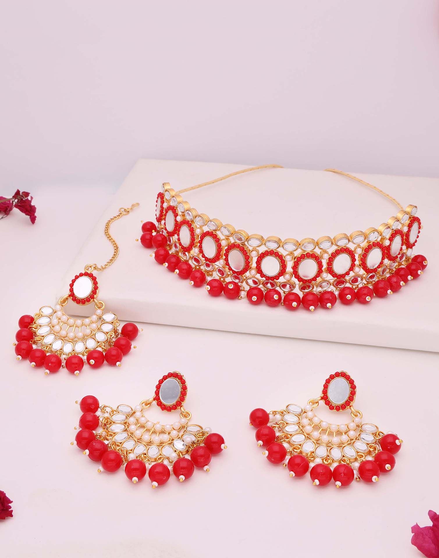 Red Gold Choker Necklace Set With Dangle Earring