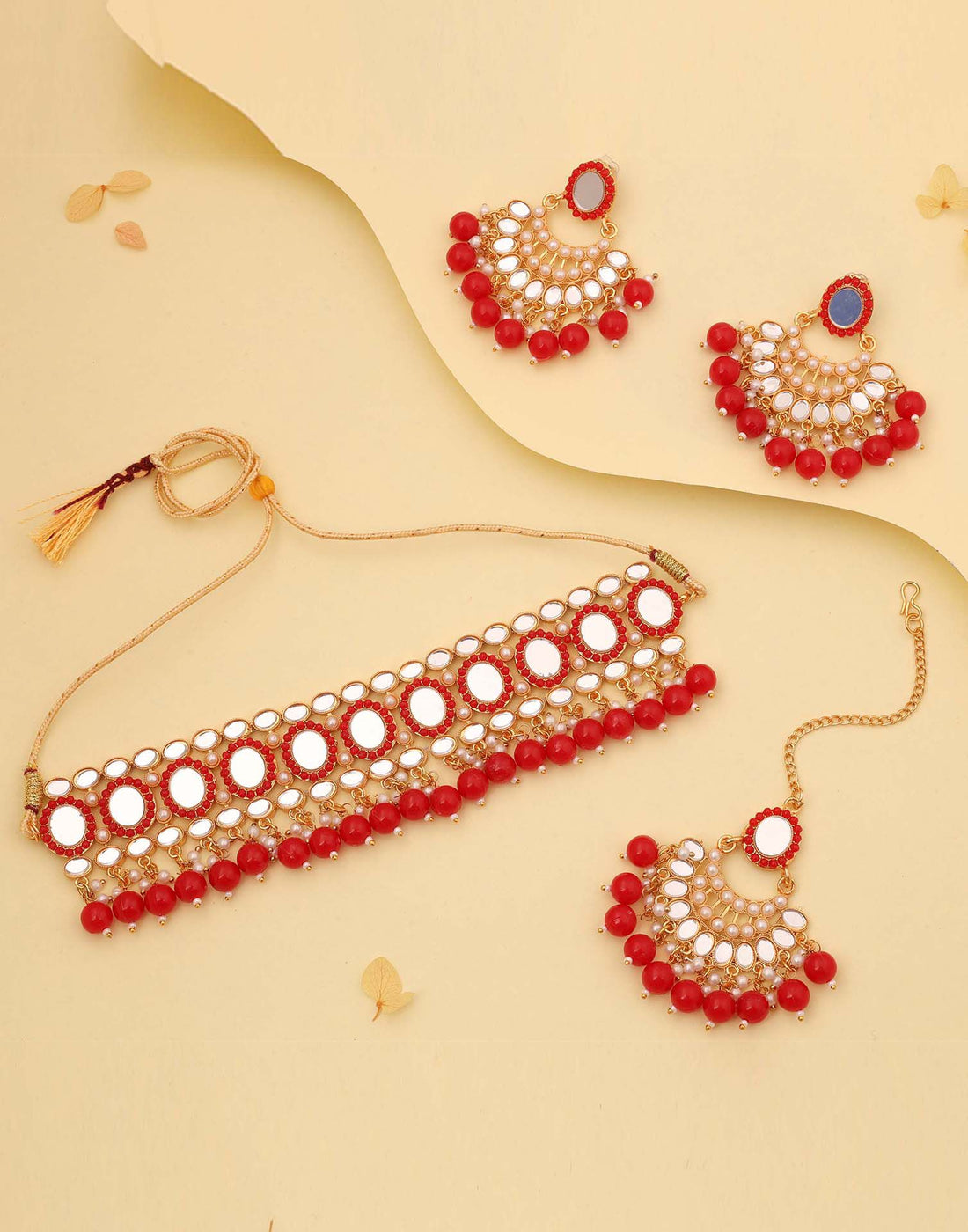 Red Gold Choker Necklace Set With Dangle Earring