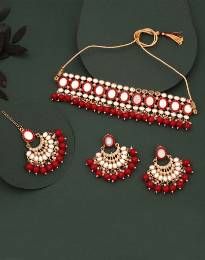 Red Gold Choker Necklace Set With Dangle Earring