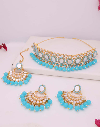 Blue Gold Choker Necklace Set With Dangle Earring