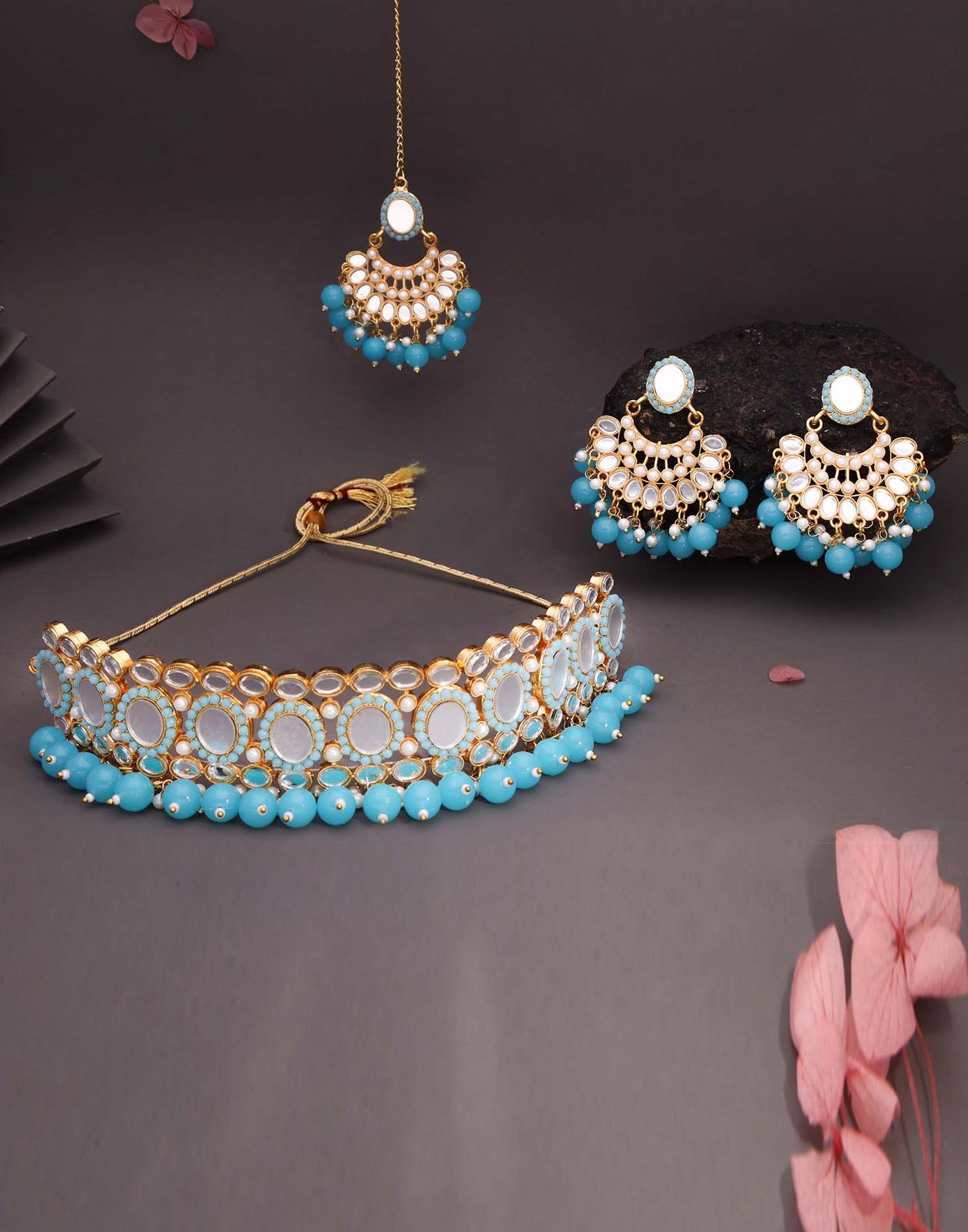 Blue Gold Choker Necklace Set With Dangle Earring