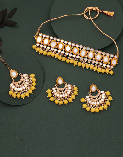 Yellow Gold Choker Necklace Set With Dangle Earring