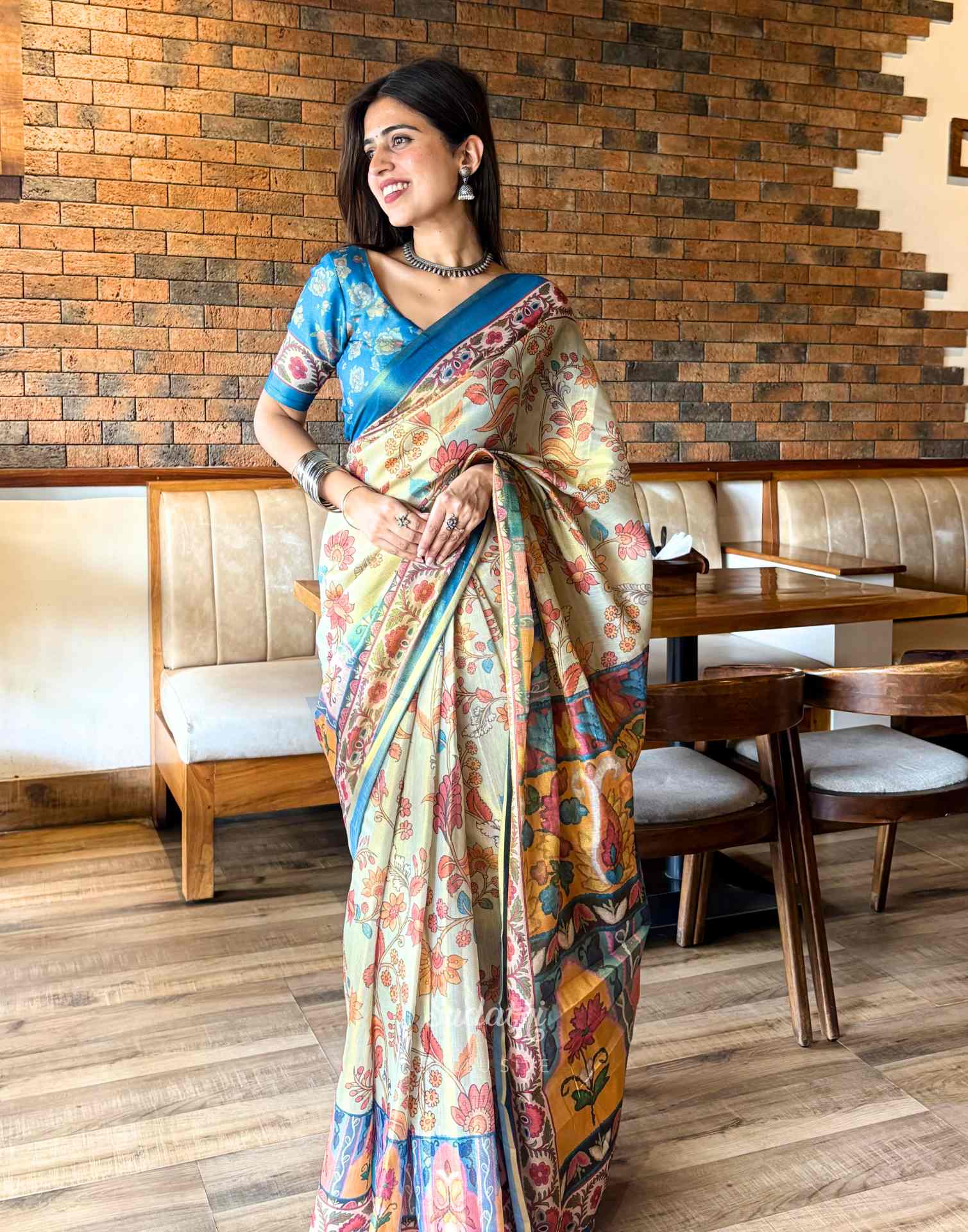 Beige Shimmer Silk Printed Kalamkari Saree 