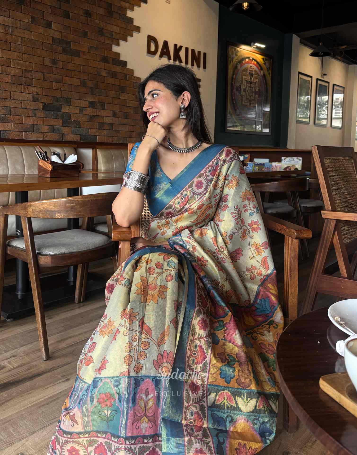 Beige Shimmer Silk Printed Kalamkari Saree 