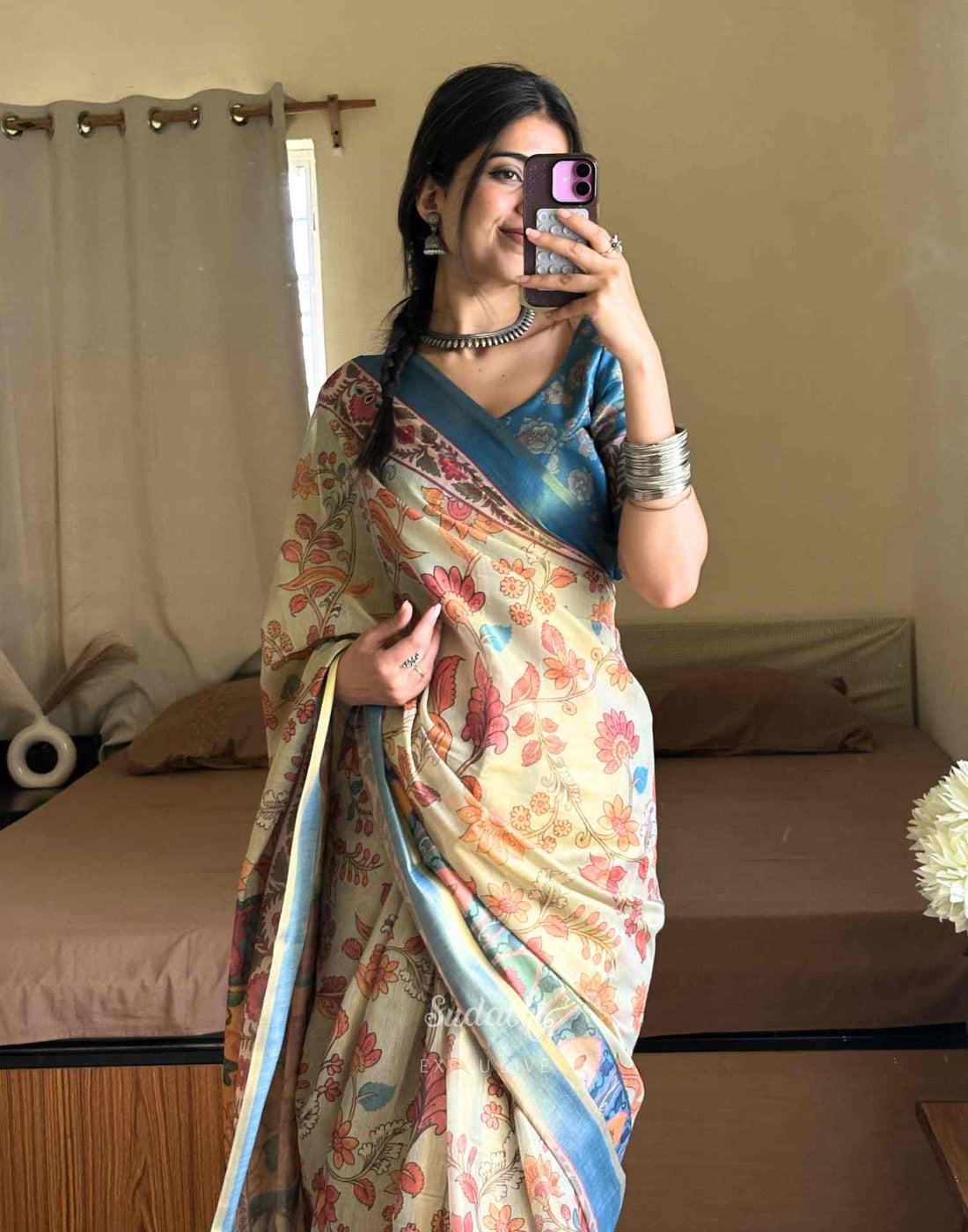 Beige Shimmer Silk Printed Kalamkari Saree 