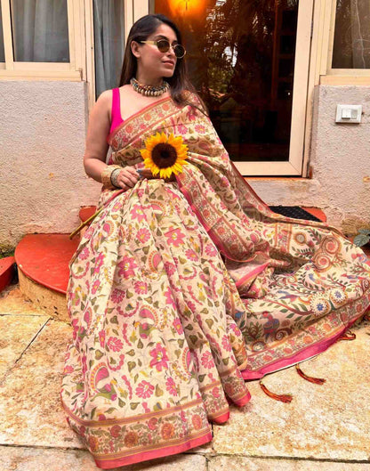 Beige Linen Floral Printed Saree
