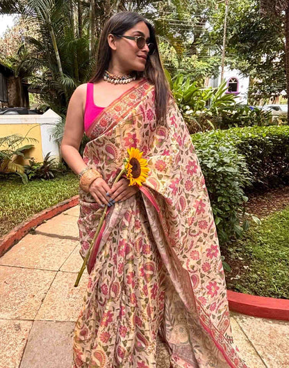 Beige Linen Floral Printed Saree