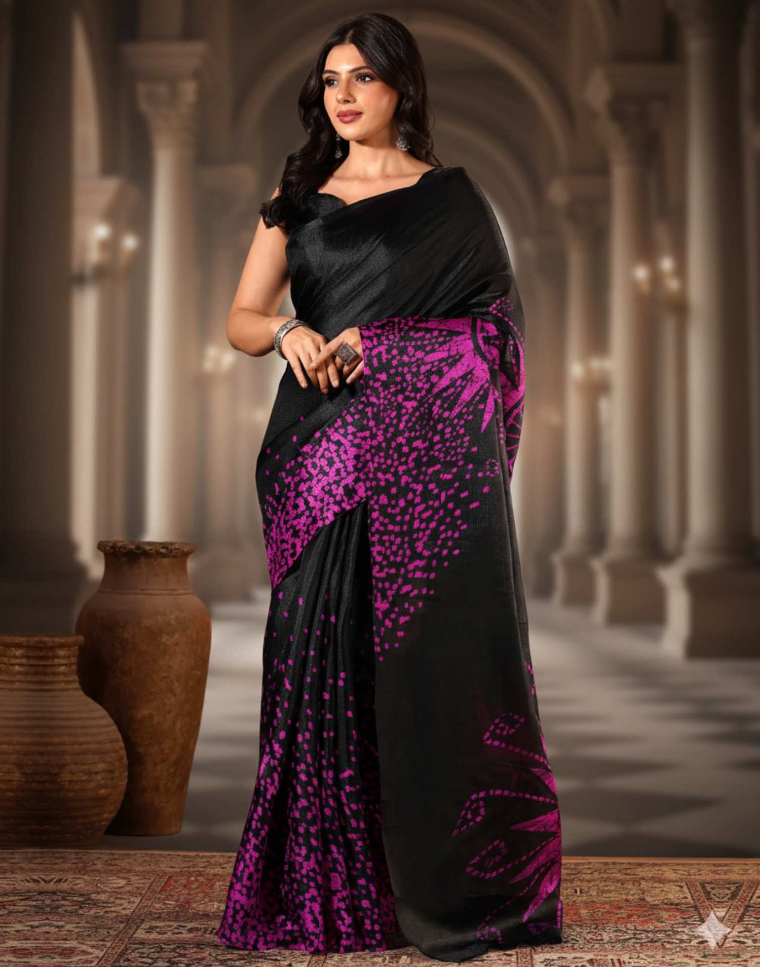 Black Cotton Blend Printed Saree
