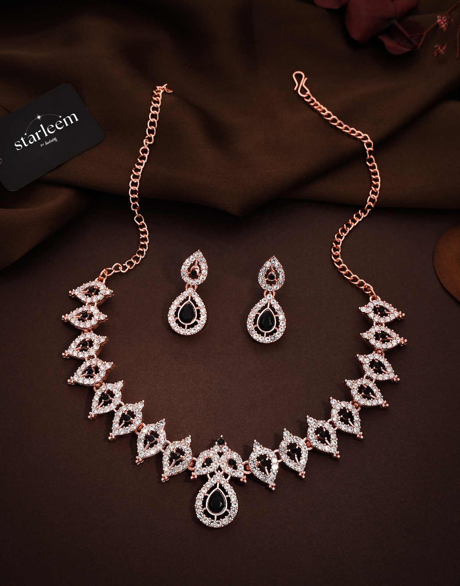 Black Rose Gold Choker Necklace Set With Dangle Earring