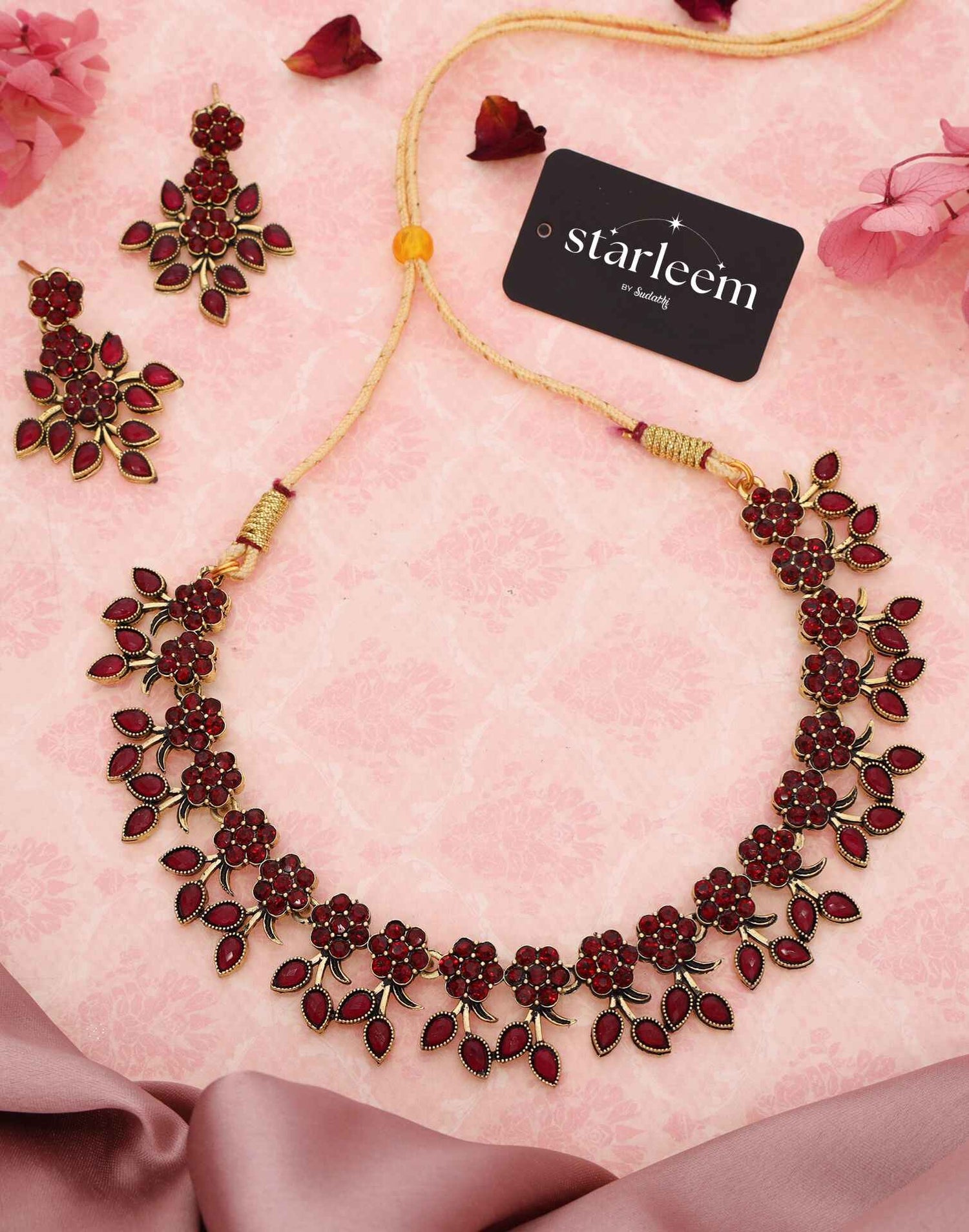 Maroon Gold Choker Necklace Set With Dangle Earring