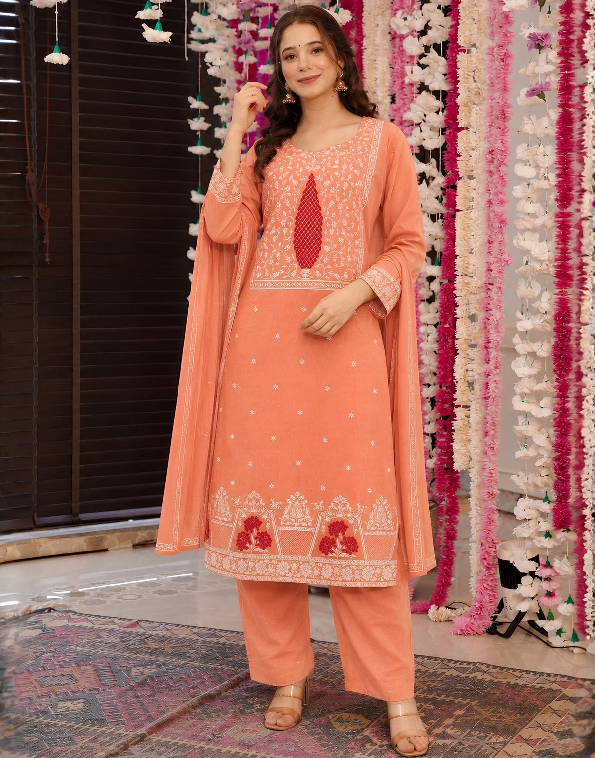 Coral Peach Pure Cotton Woven Straight Kurta Set