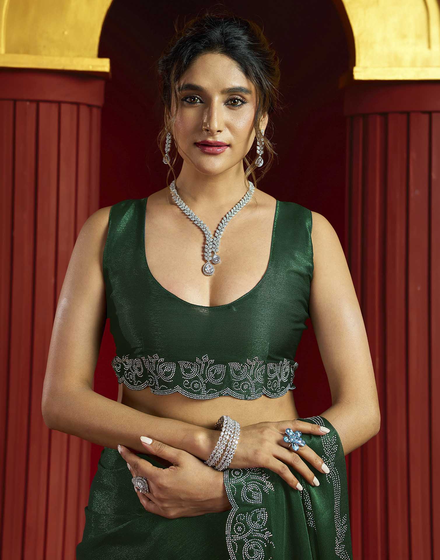 Green Shimmer Stone Work Embellished Saree
