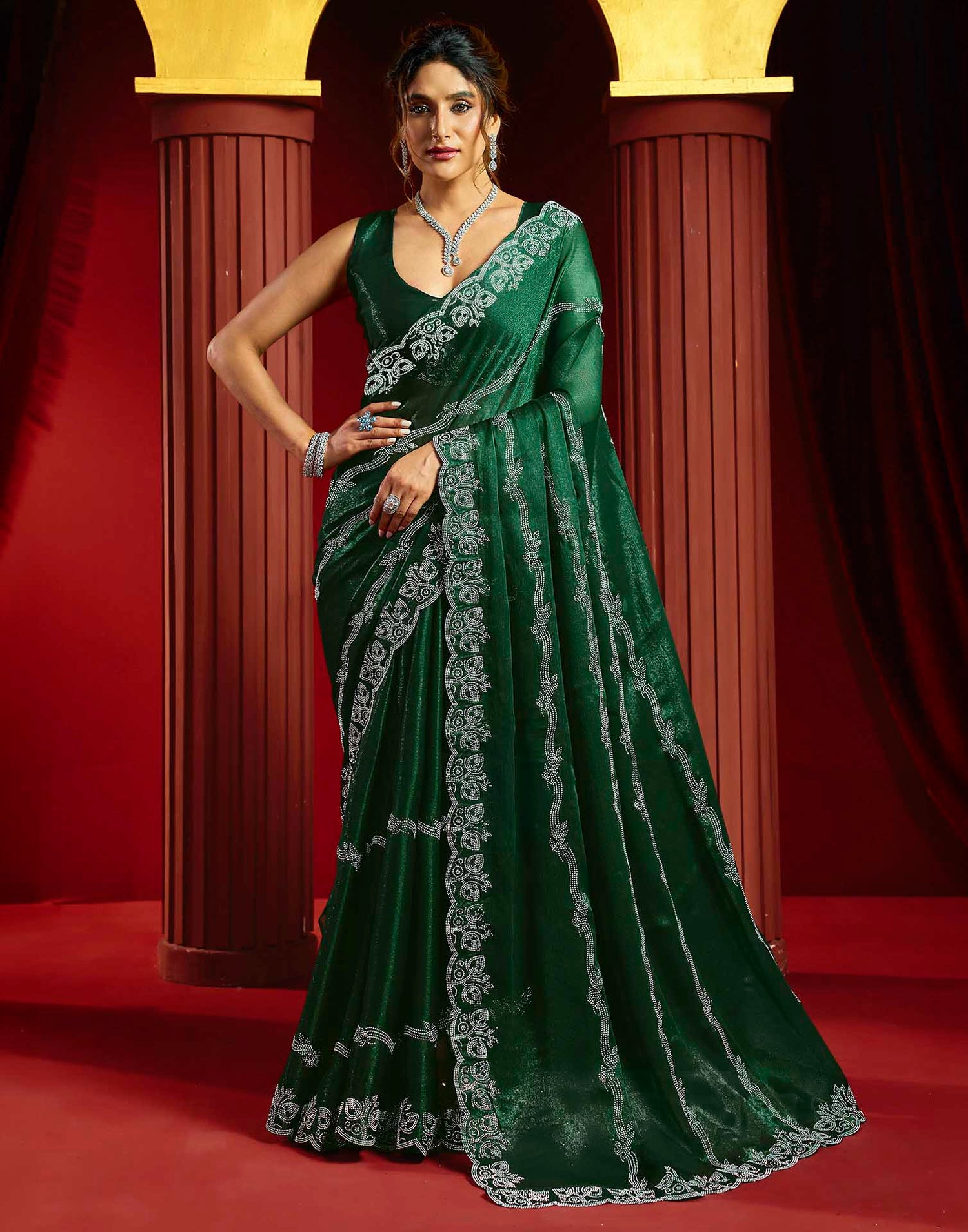 Green Shimmer Stone Work Embellished Saree