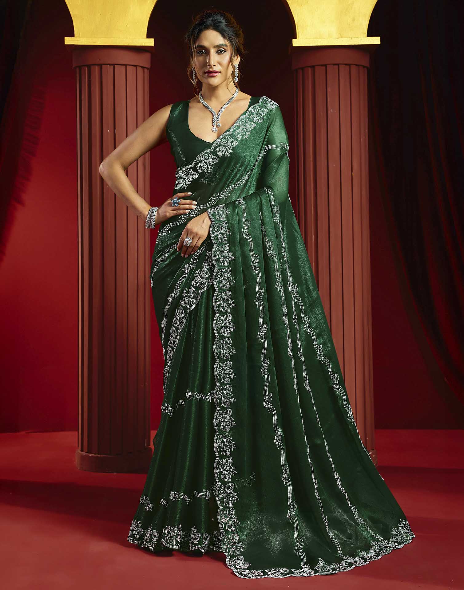 Green Shimmer Stone Work Embellished Saree