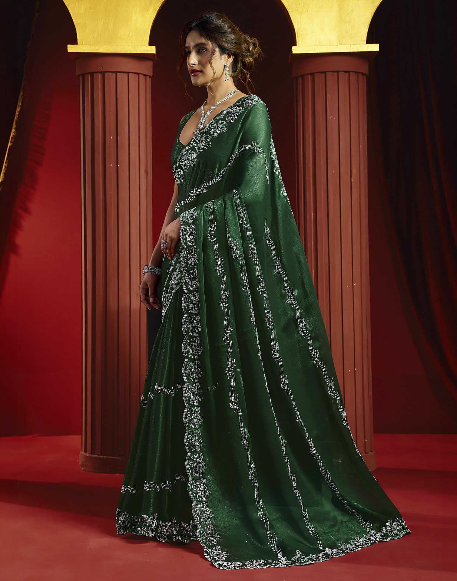 Green Shimmer Stone Work Embellished Saree