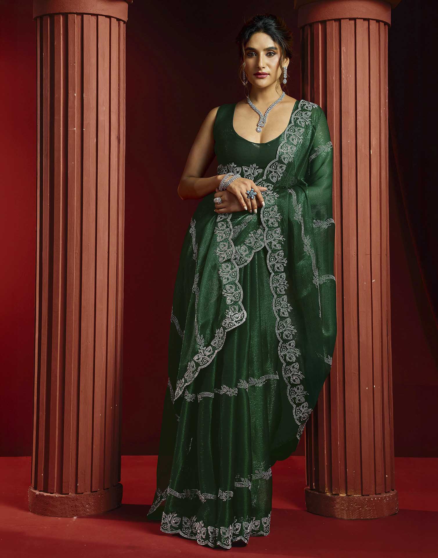 Green Shimmer Stone Work Embellished Saree