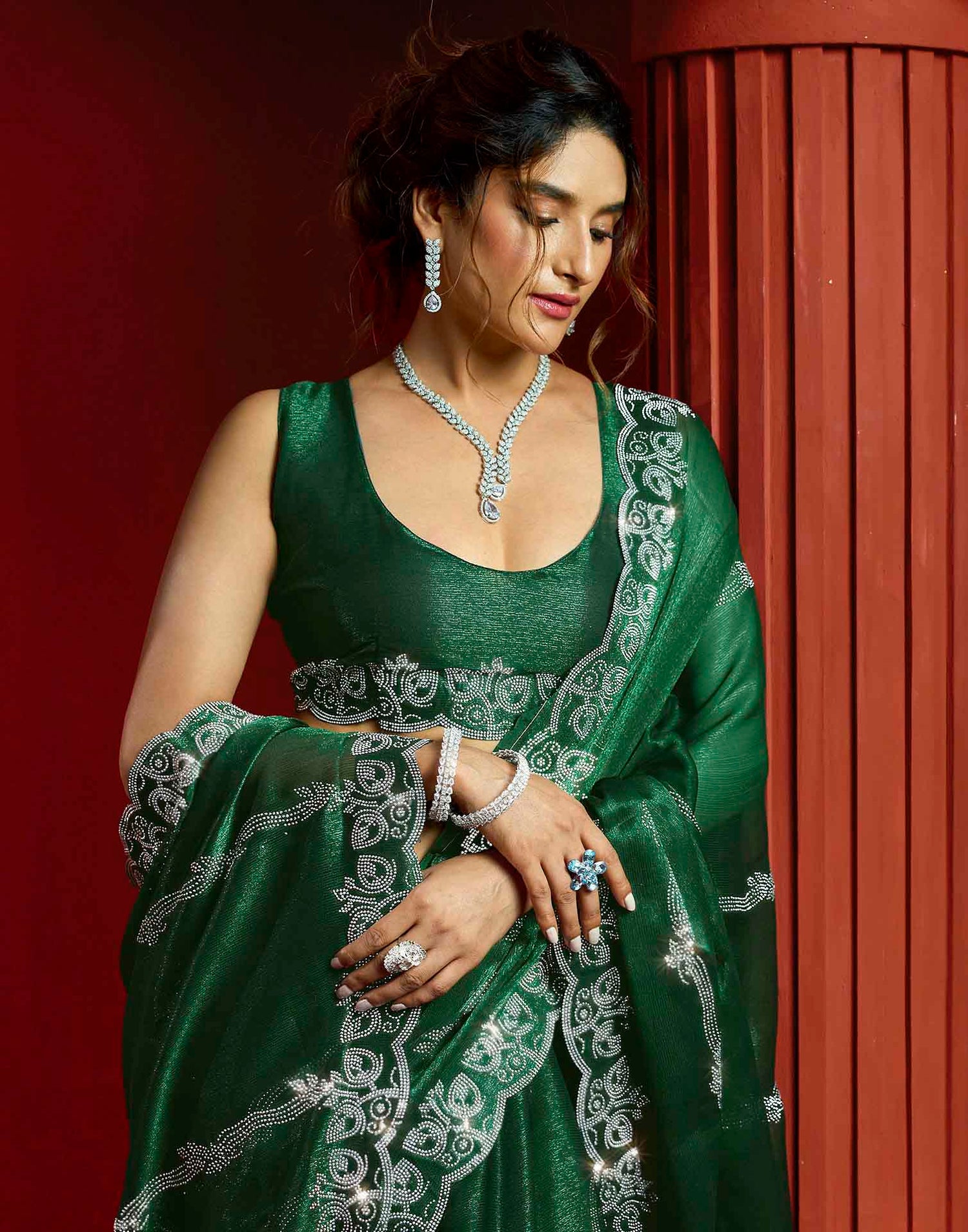 Green Shimmer Stone Work Embellished Saree