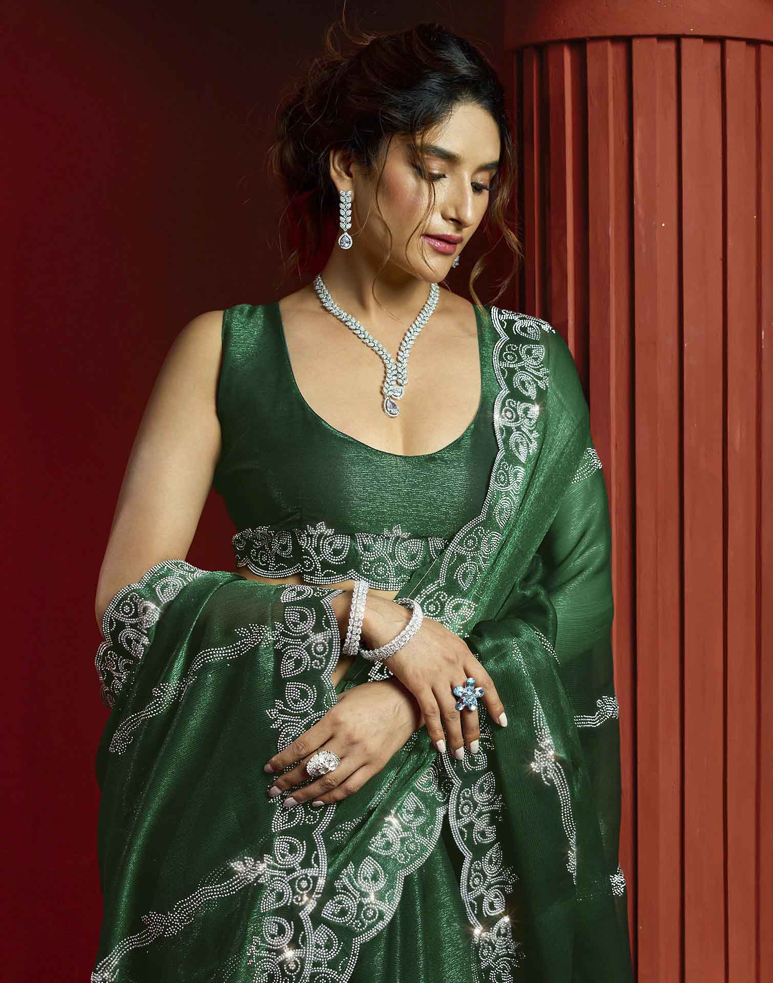 Green Shimmer Stone Work Embellished Saree