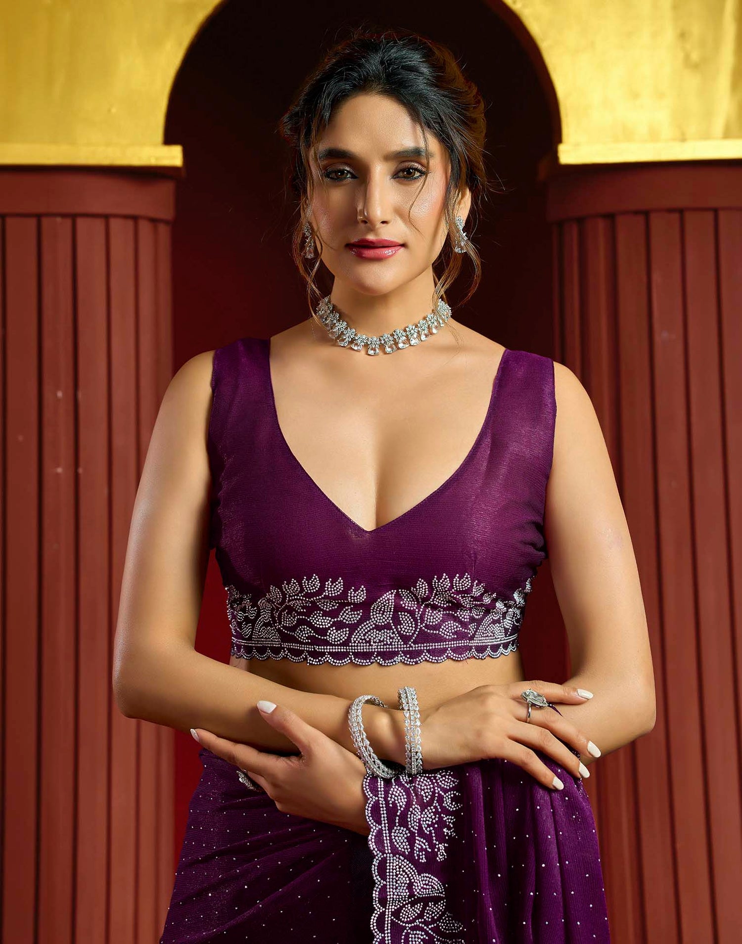 Purple Shimmer Stone Work Swarovski Saree