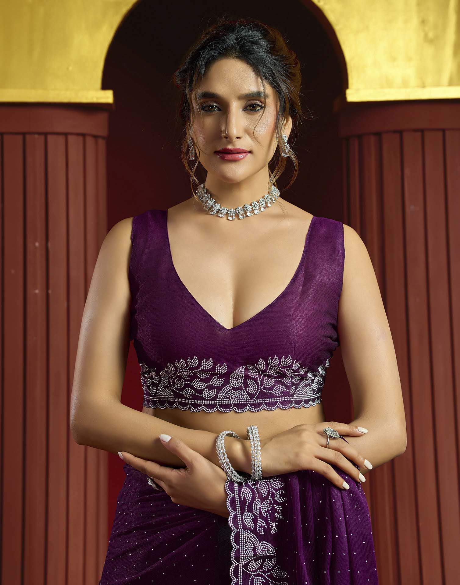 Purple Shimmer Stone Work Swarovski Saree