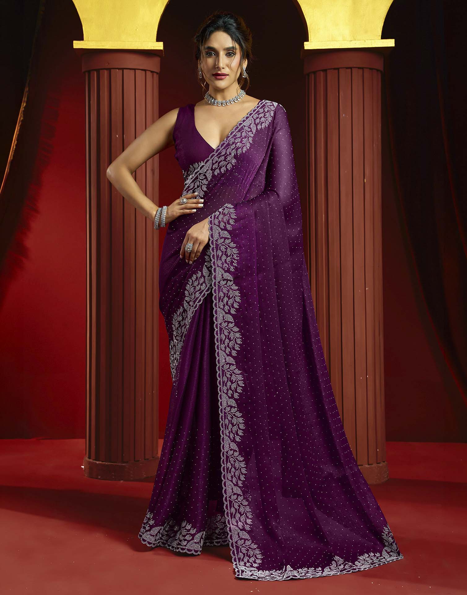 Purple Shimmer Stone Work Swarovski Saree