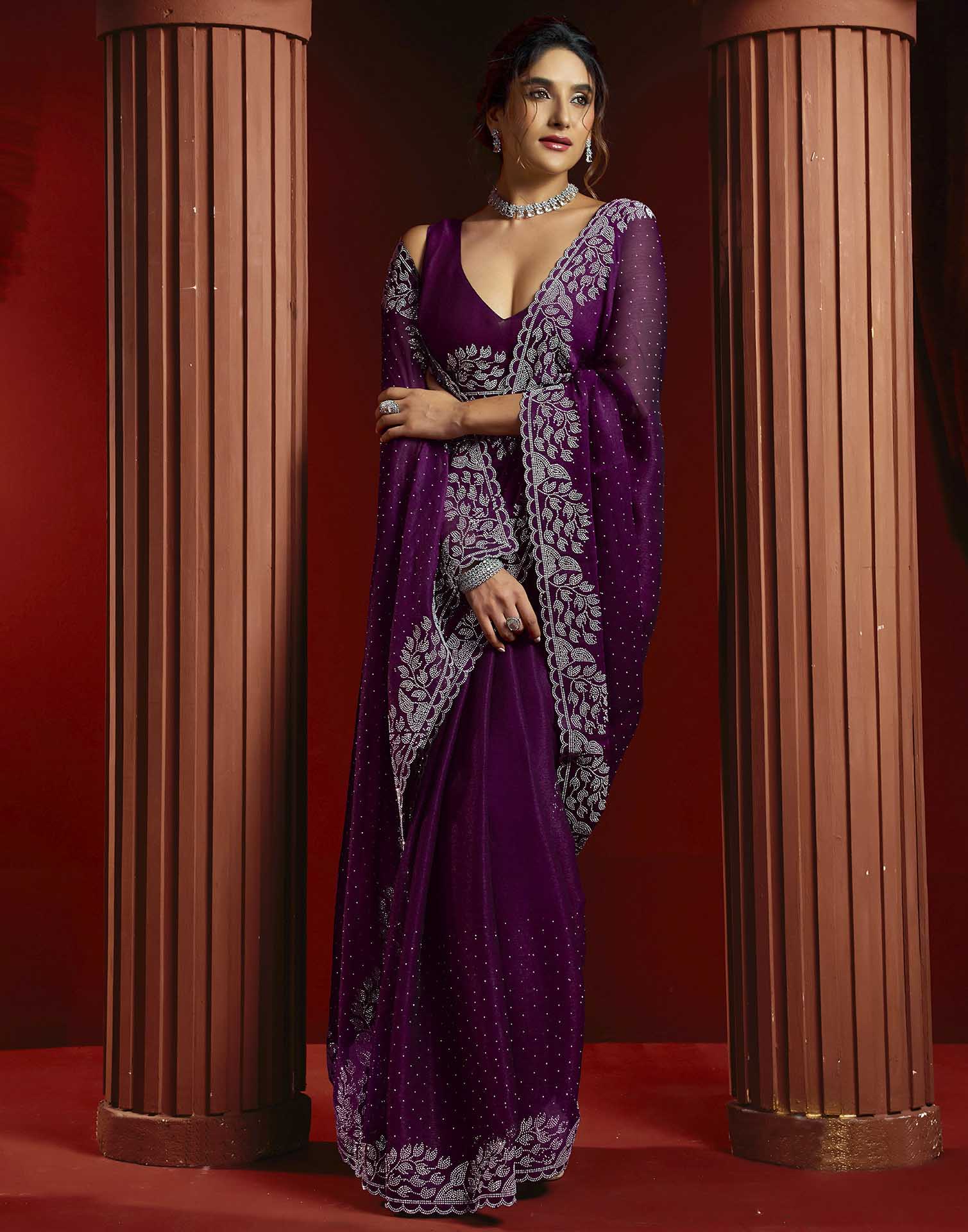 Purple Shimmer Stone Work Swarovski Saree