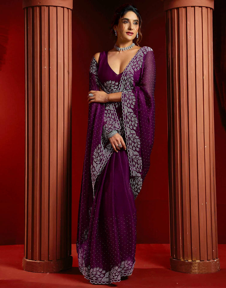 Purple Shimmer Stone Work Swarovski Saree