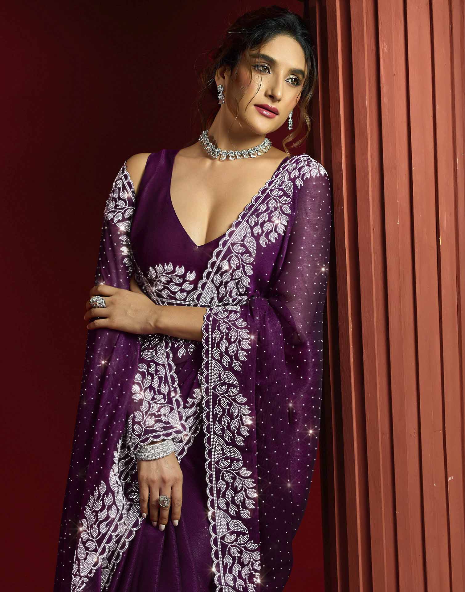 Purple Shimmer Stone Work Swarovski Saree