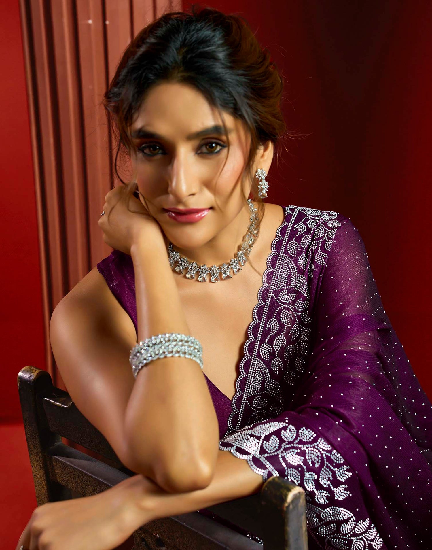 Purple Shimmer Stone Work Swarovski Saree