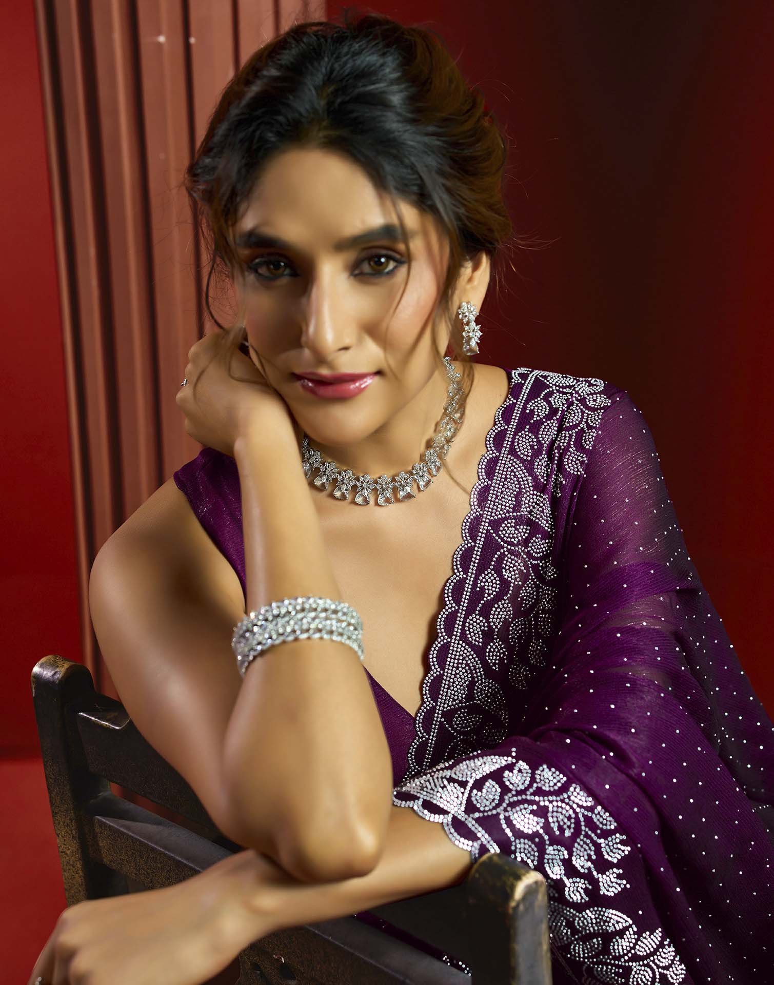 Purple Shimmer Stone Work Swarovski Saree