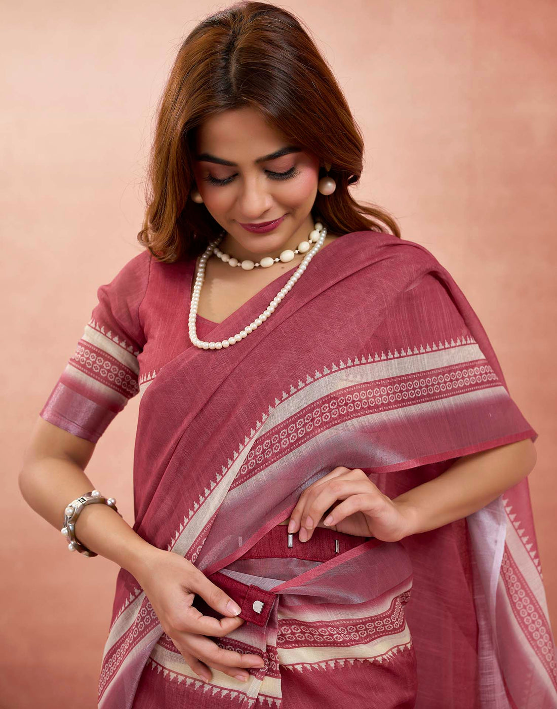 Ready To Wear Maroon Linen Printed Saree