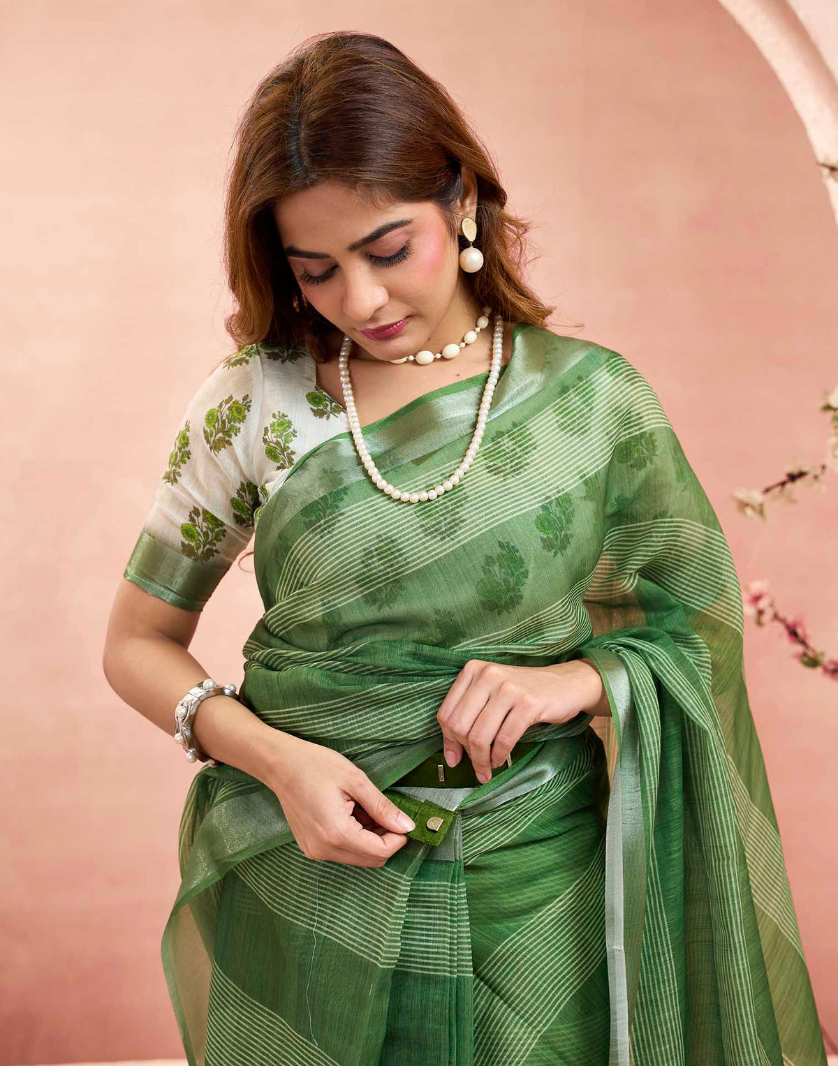 Ready To Wear Green Linen Printed Saree