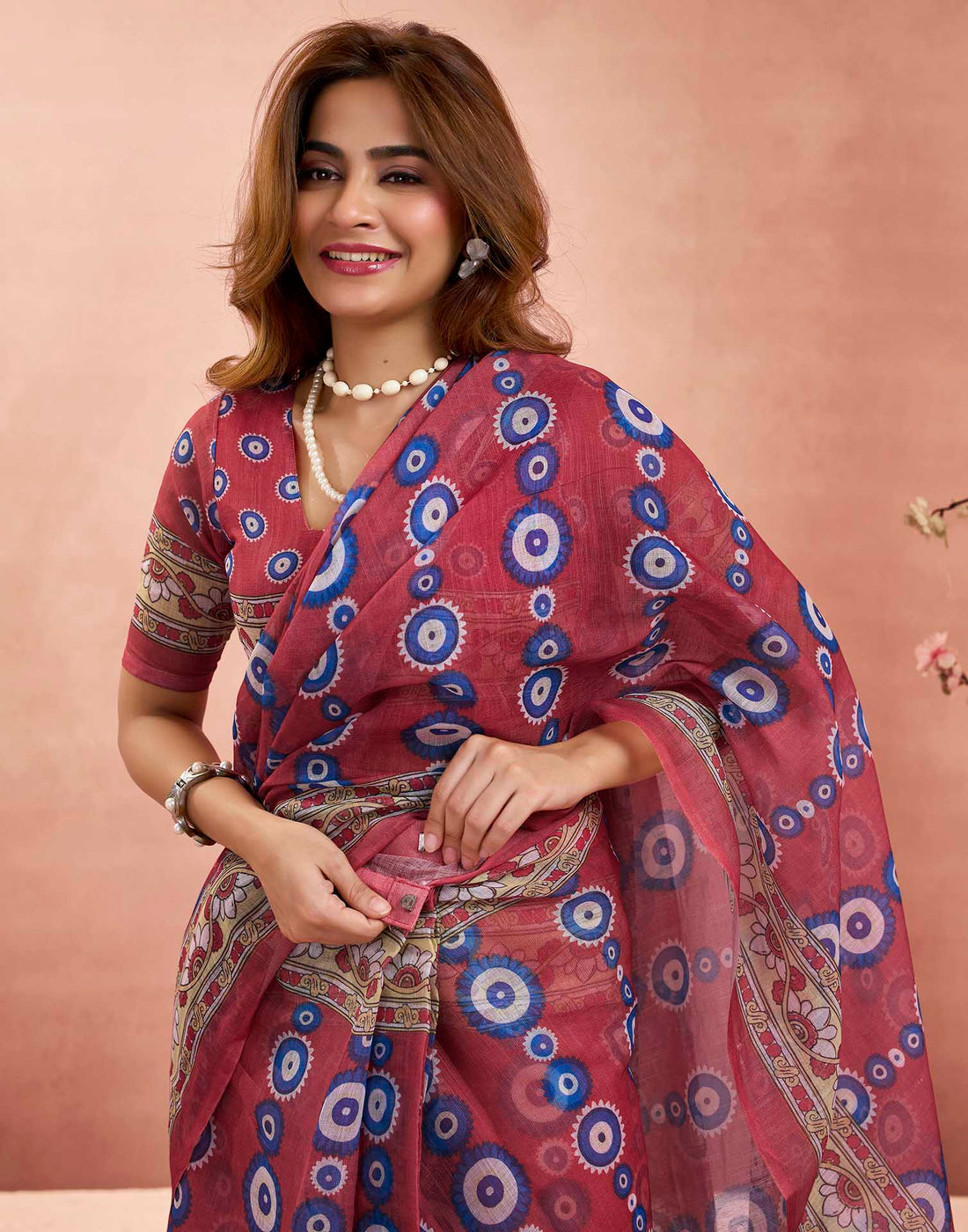Ready To Wear Rust Linen Printed Saree