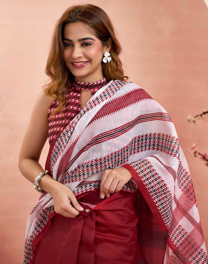 Ready To Wear Maroon Linen Printed Saree