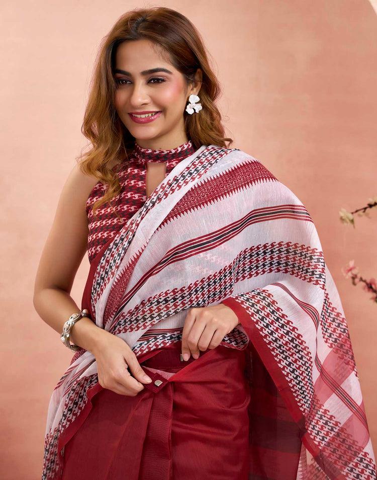 Ready To Wear Maroon Linen Printed Saree