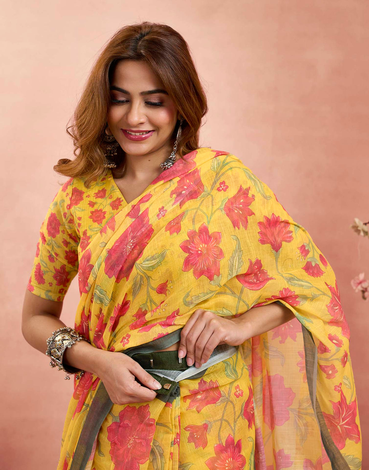 Ready To Wear Turmeric Yellow Linen Floral Printed Saree