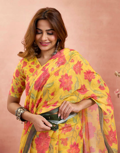 Ready To Wear Turmeric Yellow Linen Floral Printed Saree