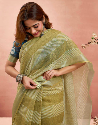 Ready To Wear Olive Green Linen Printed Saree