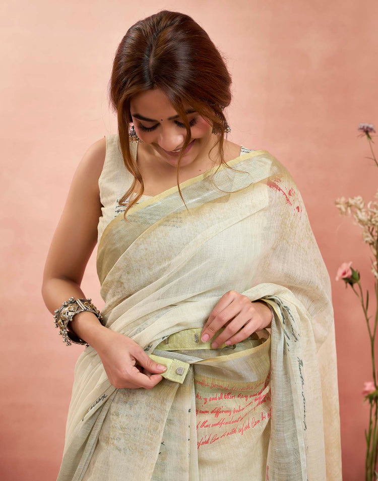 Ready To Wear Light Green Linen Printed Saree