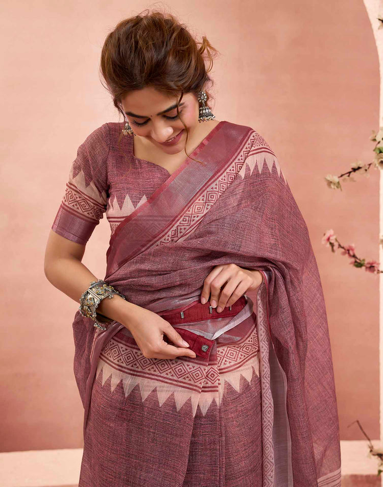 Ready To Wear Brown Linen Floral Printed Saree