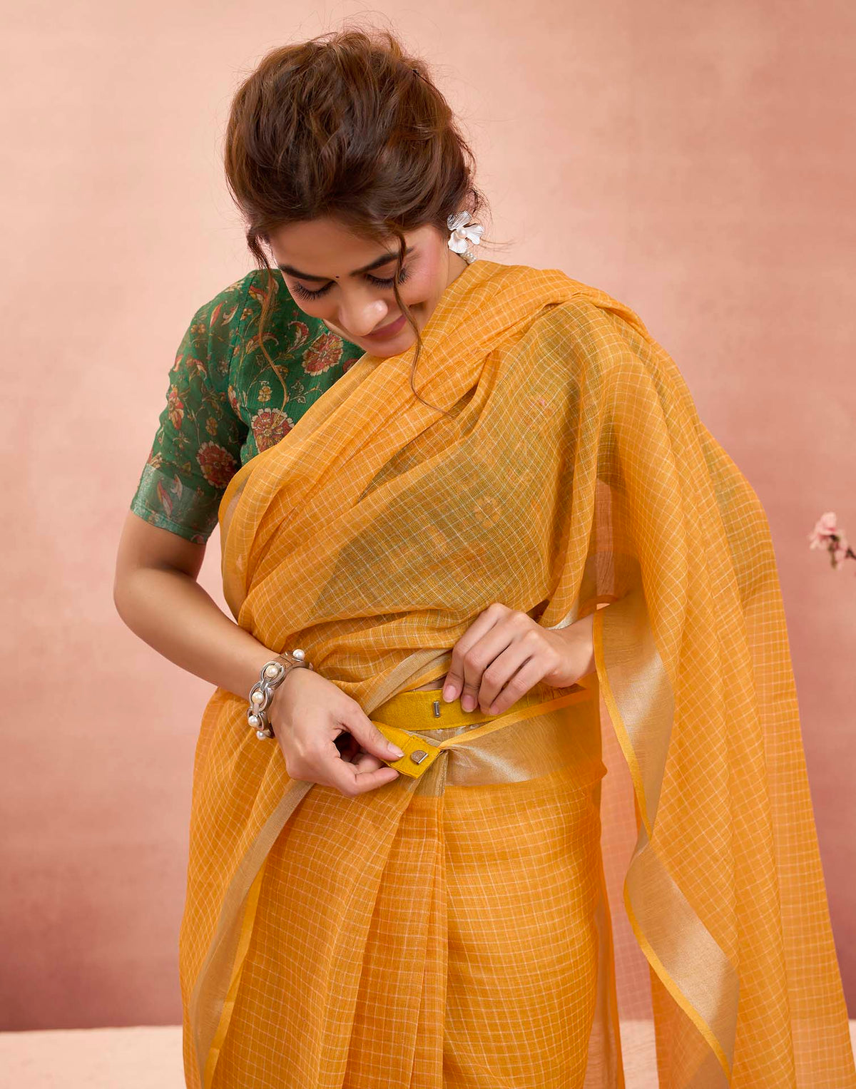 Ready To Wear Mustard Yellow Linen Checkered Printed Saree