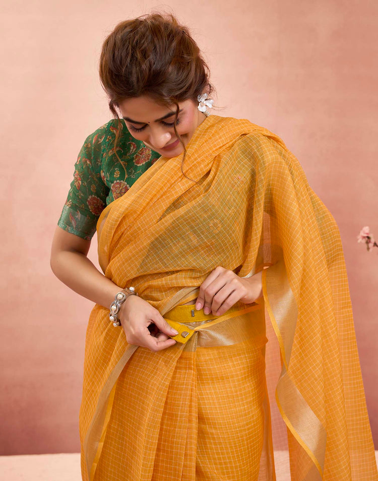 Ready To Wear Mustard Yellow Linen Checkered Printed Saree