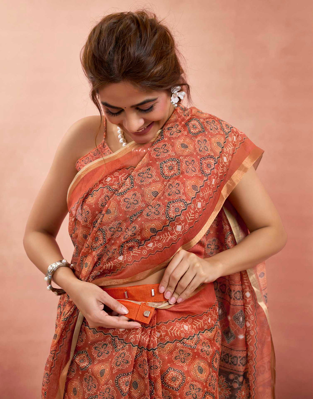 Ready To Wear Brick Red Linen Printed Saree