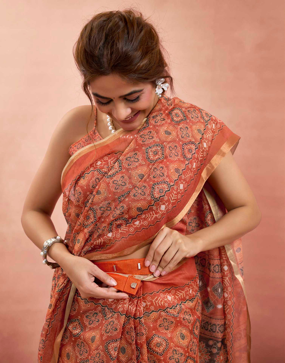 Ready To Wear Brick Red Linen Printed Saree